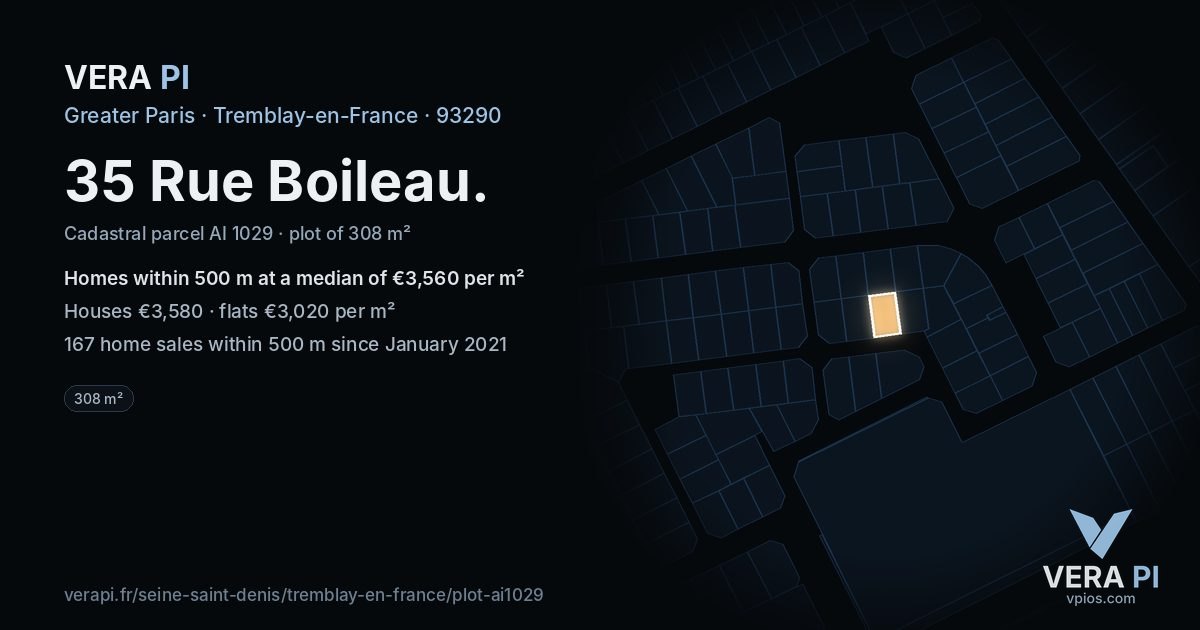 35 Rue Boileau, Tremblay-en-France at night – the plot lit, the parcels around coloured by the prices near them