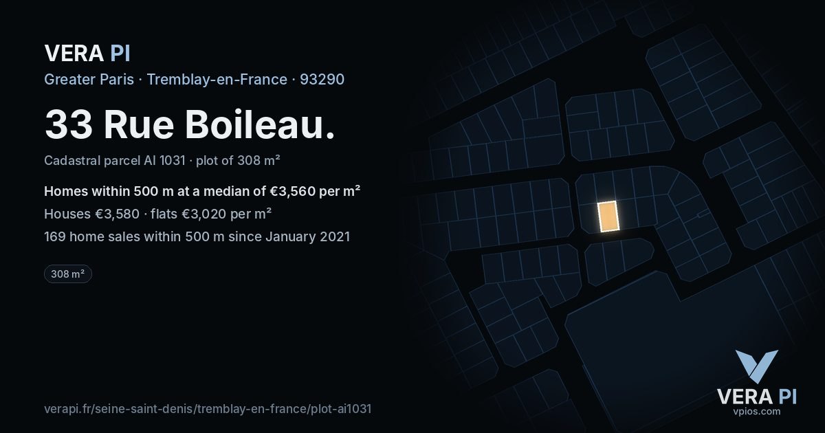 33 Rue Boileau, Tremblay-en-France at night – the plot lit, the parcels around coloured by the prices near them