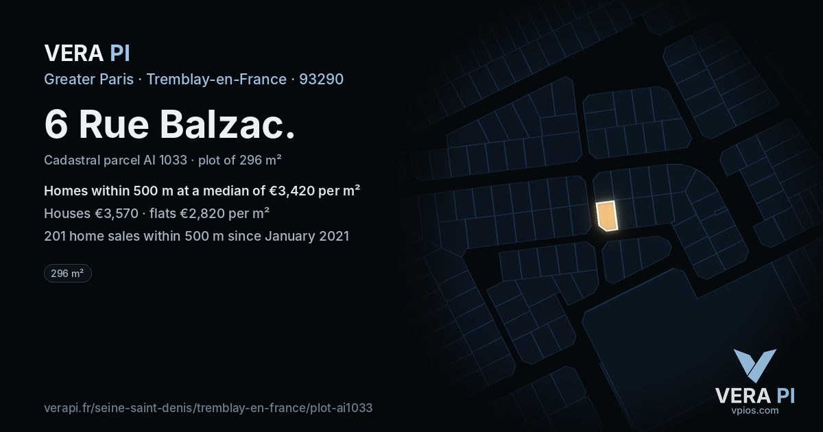 6 Rue Balzac, Tremblay-en-France at night – the plot lit, the parcels around coloured by the prices near them