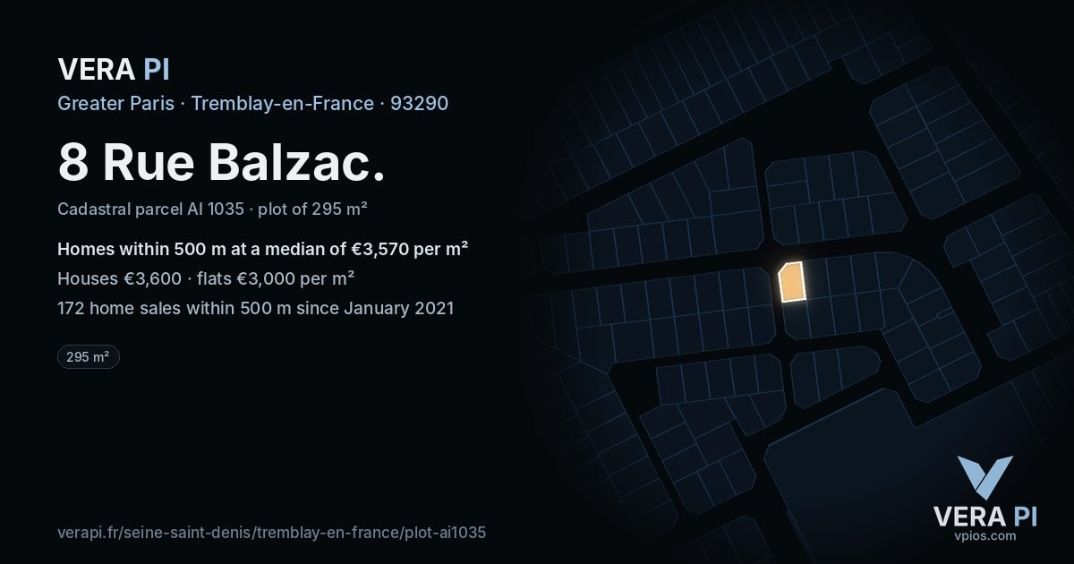 8 Rue Balzac, Tremblay-en-France at night – the plot lit, the parcels around coloured by the prices near them