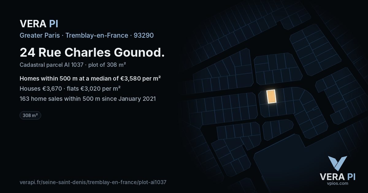 24 Rue Charles Gounod, Tremblay-en-France at night – the plot lit, the parcels around coloured by the prices near them