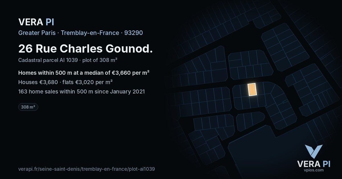 26 Rue Charles Gounod, Tremblay-en-France at night – the plot lit, the parcels around coloured by the prices near them
