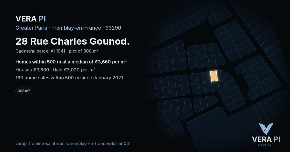 28 Rue Charles Gounod, Tremblay-en-France at night – the plot lit, the parcels around coloured by the prices near them