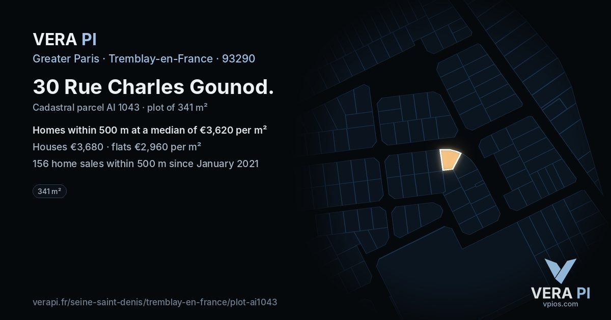 30 Rue Charles Gounod, Tremblay-en-France at night – the plot lit, the parcels around coloured by the prices near them