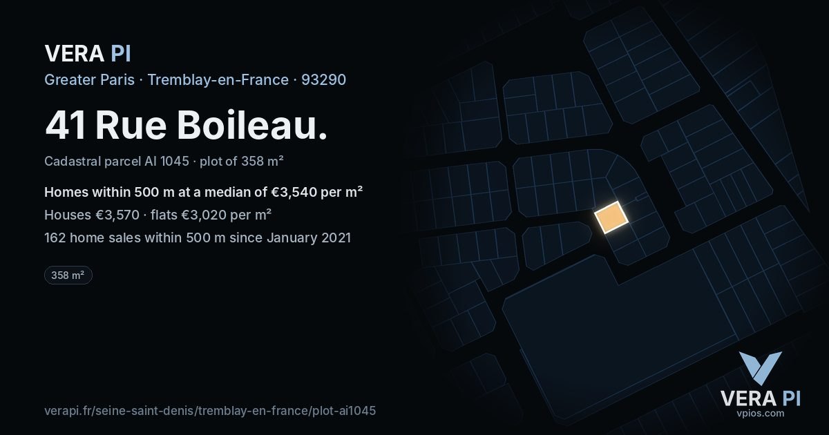 41 Rue Boileau, Tremblay-en-France at night – the plot lit, the parcels around coloured by the prices near them
