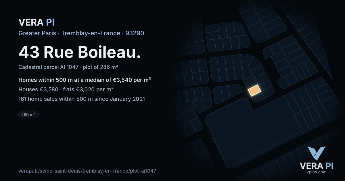 43 Rue Boileau, Tremblay-en-France at night – the plot lit, the parcels around coloured by the prices near them