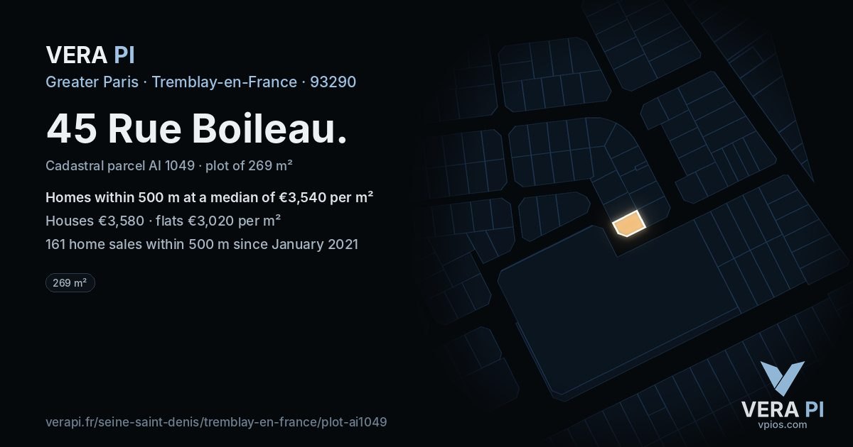 45 Rue Boileau, Tremblay-en-France at night – the plot lit, the parcels around coloured by the prices near them