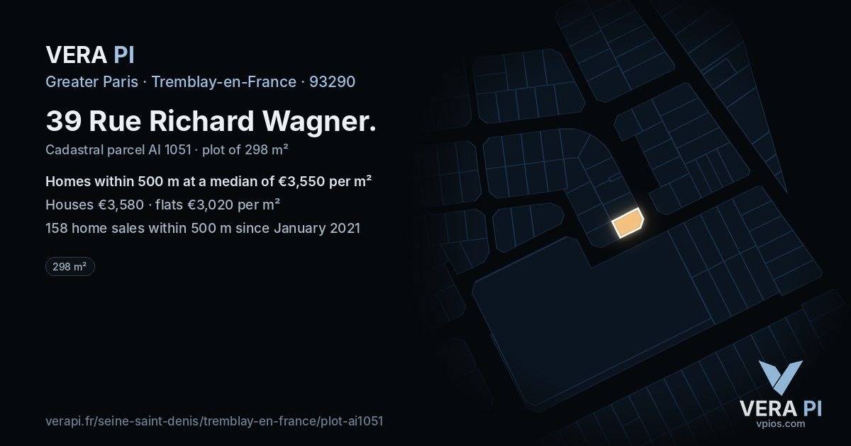 39 Rue Richard Wagner, Tremblay-en-France at night – the plot lit, the parcels around coloured by the prices near them