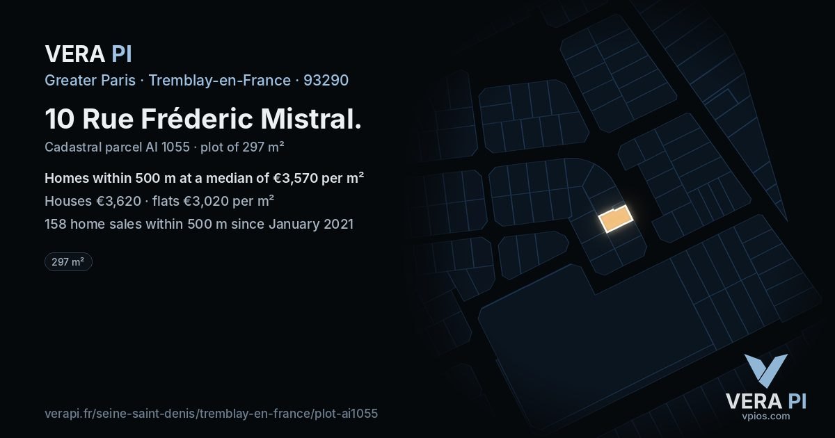 10 Rue Fréderic Mistral, Tremblay-en-France at night – the plot lit, the parcels around coloured by the prices near them