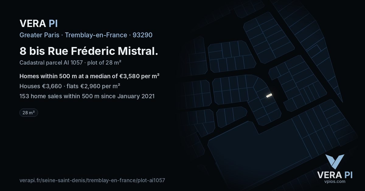 8 bis Rue Fréderic Mistral, Tremblay-en-France at night – the plot lit, the parcels around coloured by the prices near them