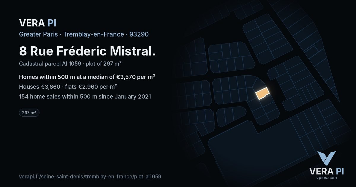 8 Rue Fréderic Mistral, Tremblay-en-France at night – the plot lit, the parcels around coloured by the prices near them