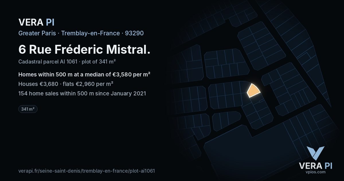 6 Rue Fréderic Mistral, Tremblay-en-France at night – the plot lit, the parcels around coloured by the prices near them