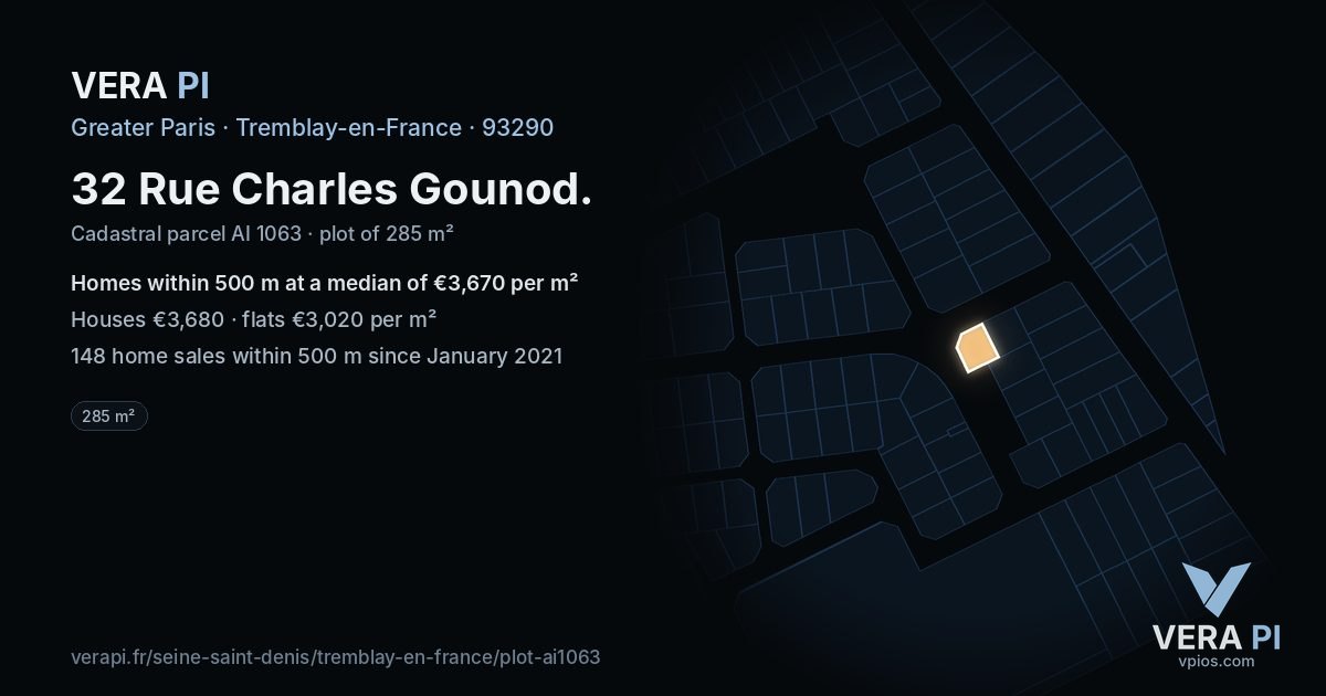 32 Rue Charles Gounod, Tremblay-en-France at night – the plot lit, the parcels around coloured by the prices near them