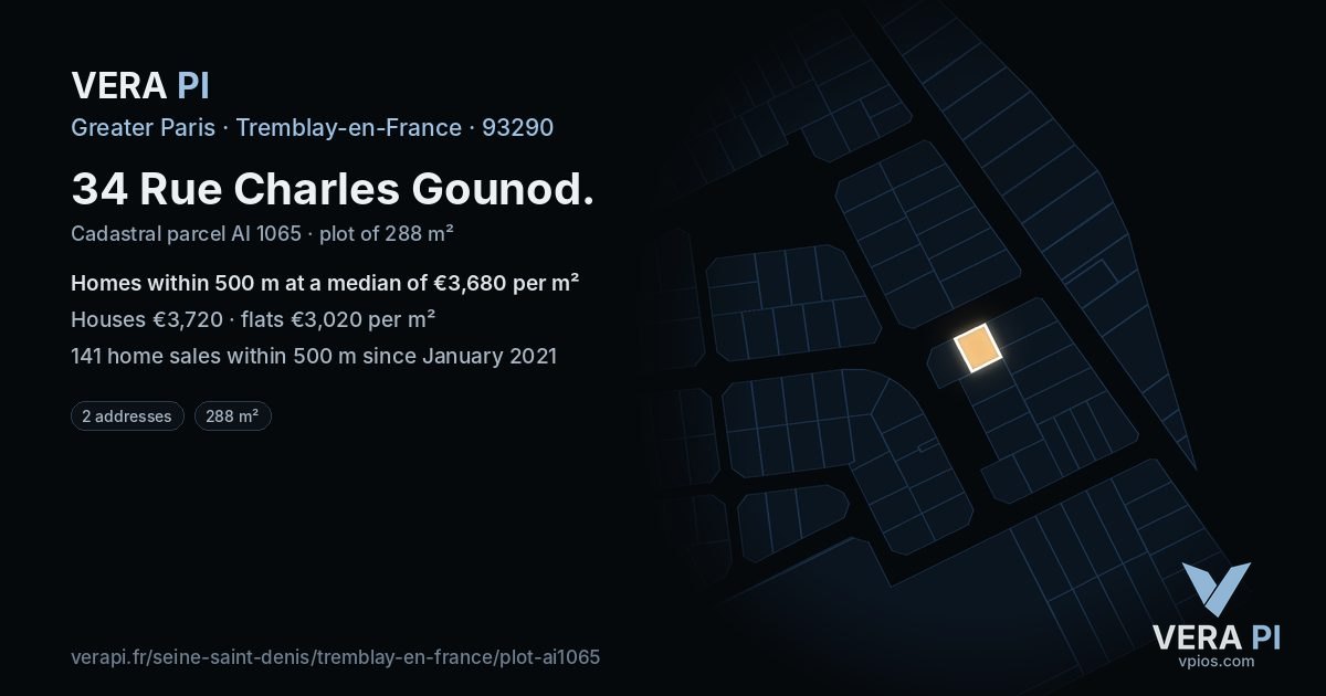 34 Rue Charles Gounod, Tremblay-en-France at night – the plot lit, the parcels around coloured by the prices near them