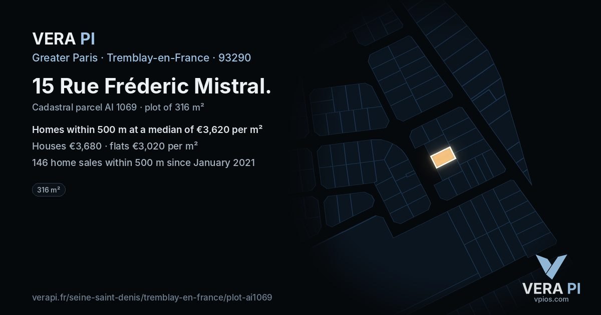 15 Rue Fréderic Mistral, Tremblay-en-France at night – the plot lit, the parcels around coloured by the prices near them