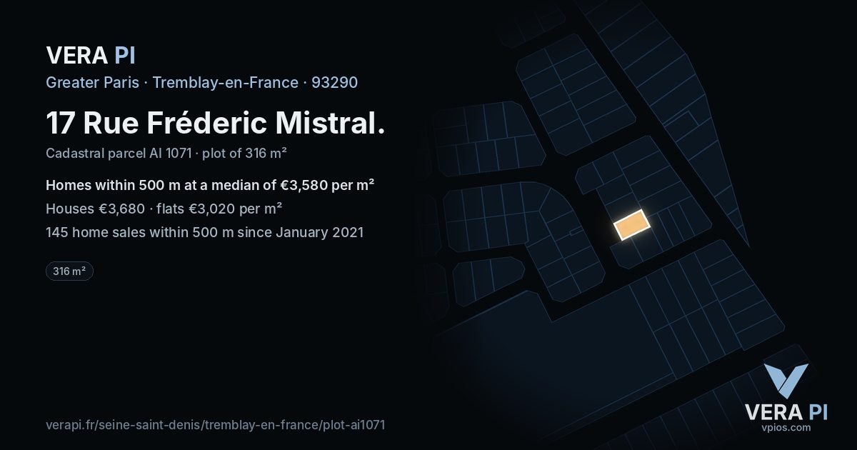 17 Rue Fréderic Mistral, Tremblay-en-France at night – the plot lit, the parcels around coloured by the prices near them
