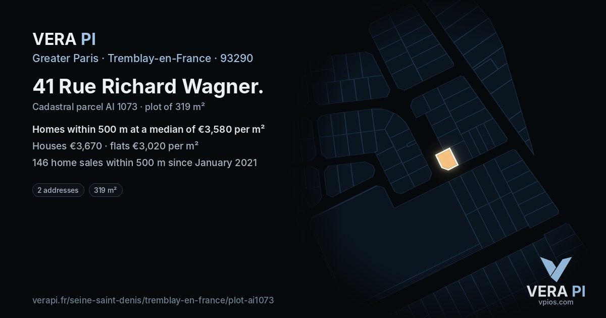 41 Rue Richard Wagner, Tremblay-en-France at night – the plot lit, the parcels around coloured by the prices near them