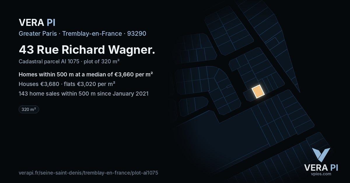 43 Rue Richard Wagner, Tremblay-en-France at night – the plot lit, the parcels around coloured by the prices near them