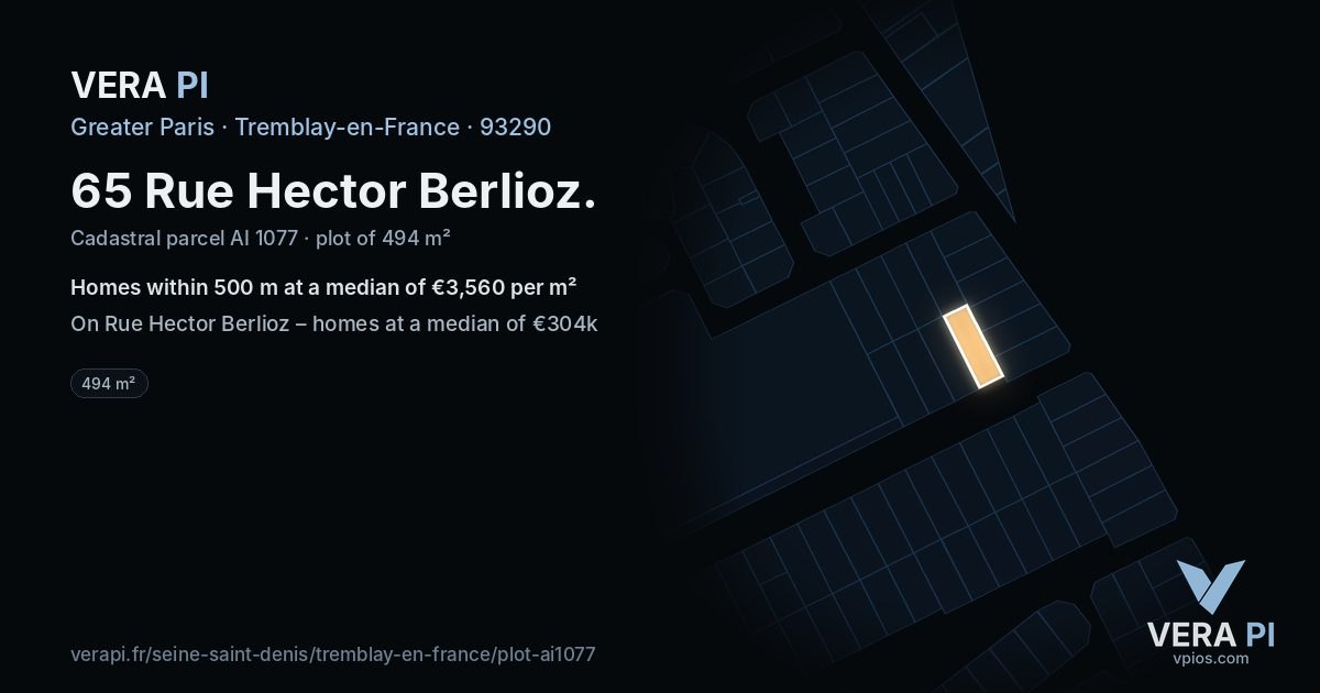 65 Rue Hector Berlioz, Tremblay-en-France at night – the plot lit, the parcels around coloured by the prices near them
