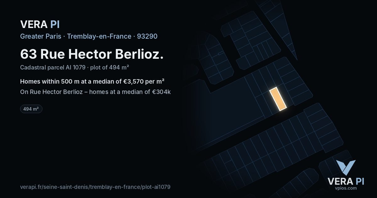 63 Rue Hector Berlioz, Tremblay-en-France at night – the plot lit, the parcels around coloured by the prices near them