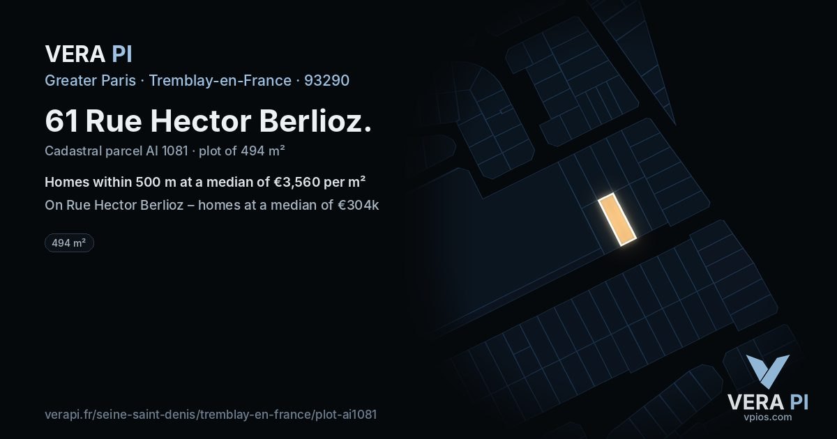 61 Rue Hector Berlioz, Tremblay-en-France at night – the plot lit, the parcels around coloured by the prices near them