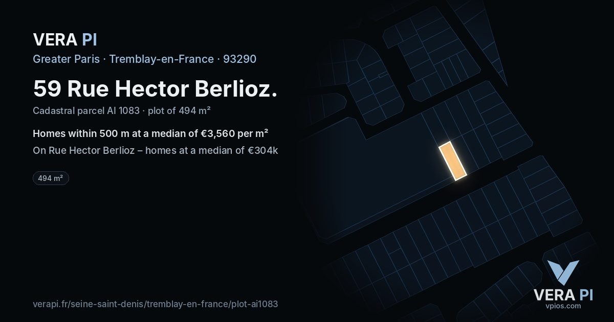 59 Rue Hector Berlioz, Tremblay-en-France at night – the plot lit, the parcels around coloured by the prices near them