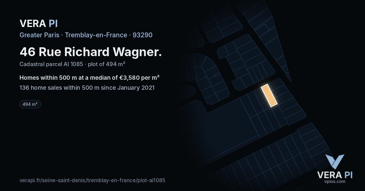 46 Rue Richard Wagner, Tremblay-en-France at night – the plot lit, the parcels around coloured by the prices near them
