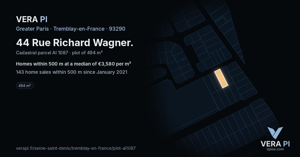 44 Rue Richard Wagner, Tremblay-en-France at night – the plot lit, the parcels around coloured by the prices near them