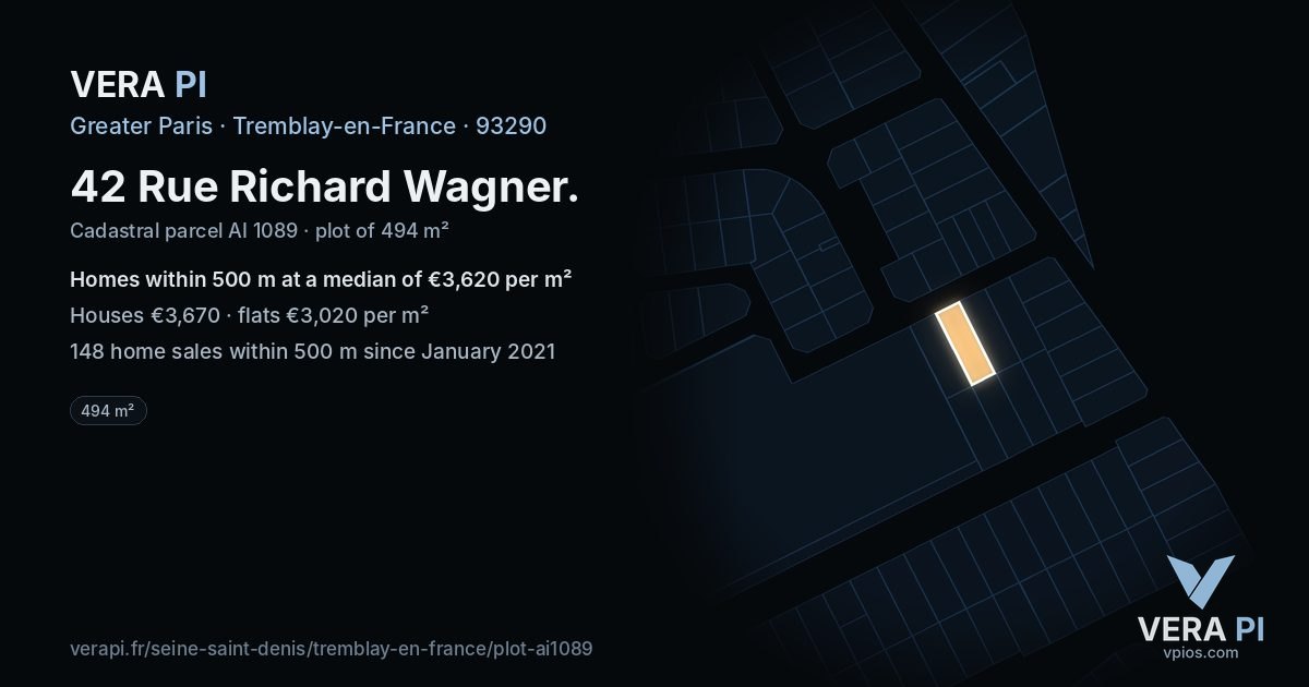 42 Rue Richard Wagner, Tremblay-en-France at night – the plot lit, the parcels around coloured by the prices near them