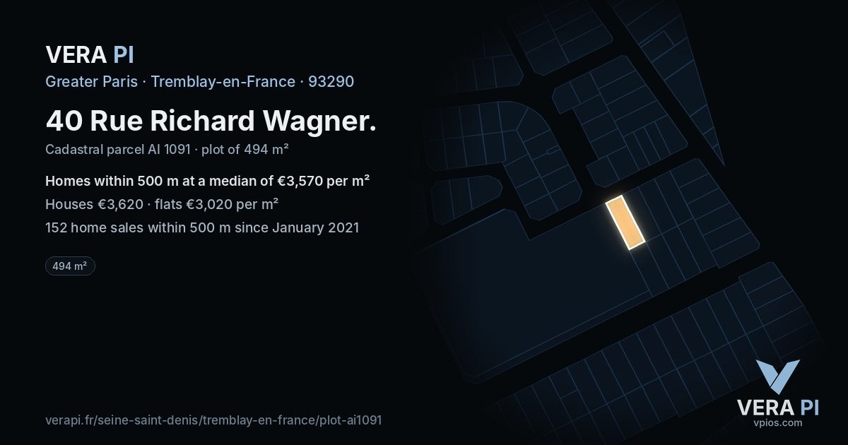 40 Rue Richard Wagner, Tremblay-en-France at night – the plot lit, the parcels around coloured by the prices near them