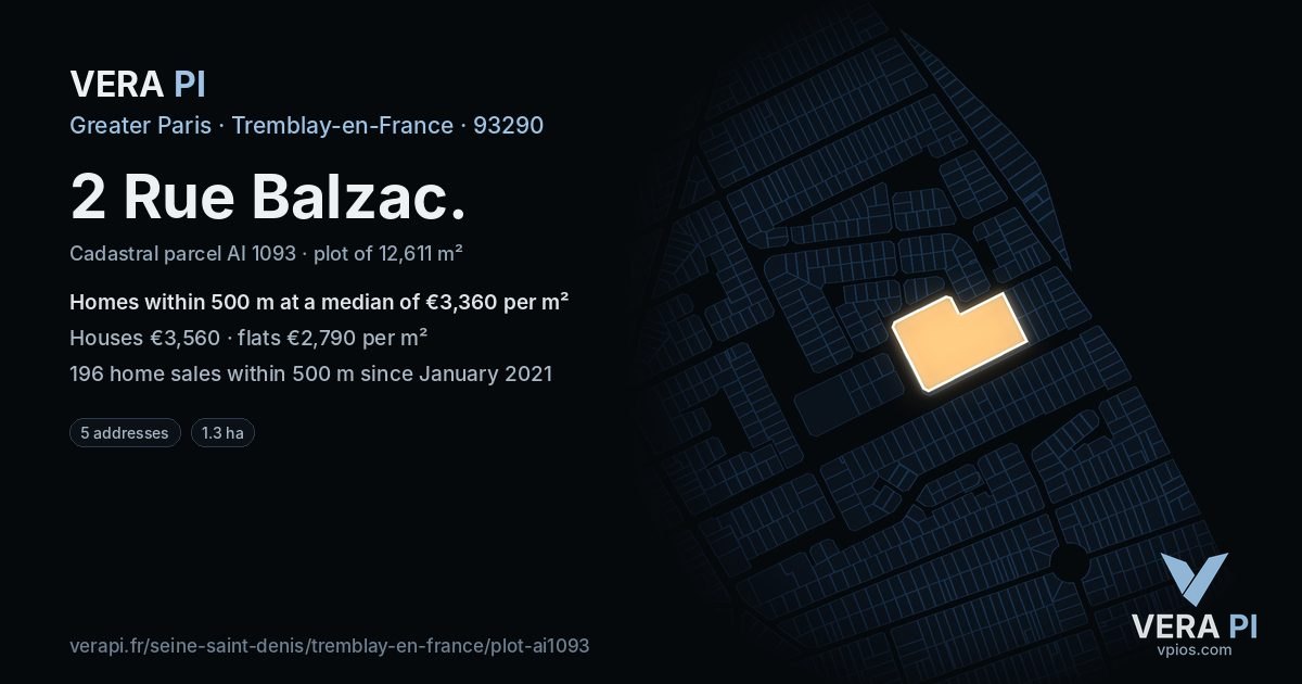2 Rue Balzac, Tremblay-en-France at night – the plot lit, the parcels around coloured by the prices near them
