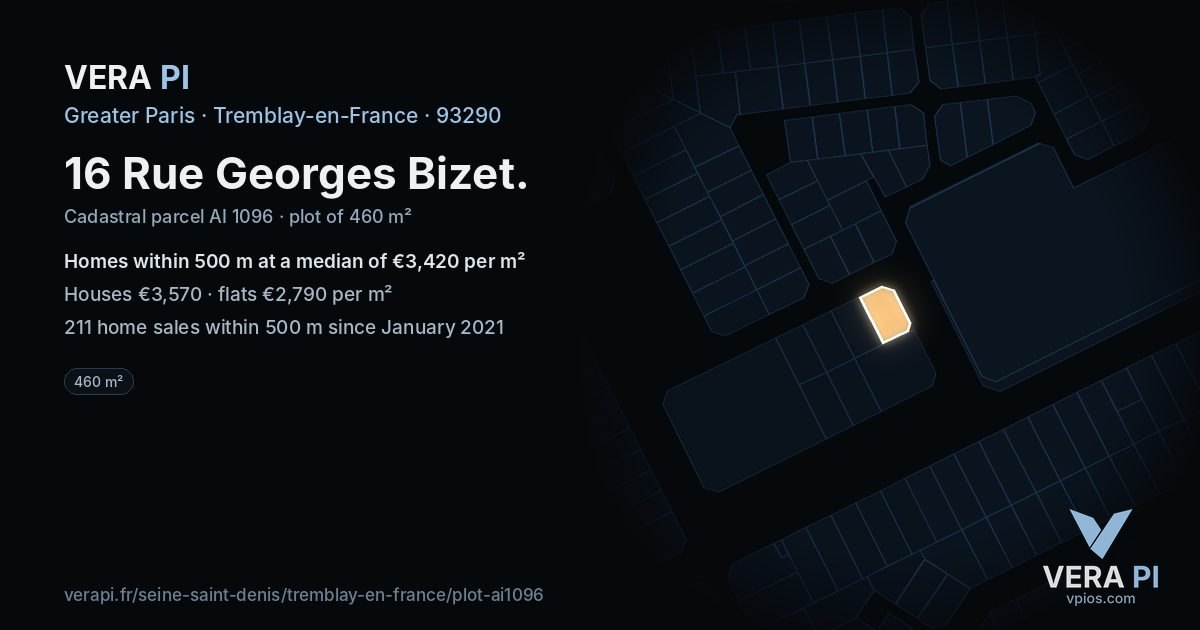 16 Rue Georges Bizet, Tremblay-en-France at night – the plot lit, the parcels around coloured by the prices near them