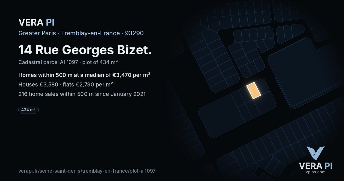 14 Rue Georges Bizet, Tremblay-en-France at night – the plot lit, the parcels around coloured by the prices near them