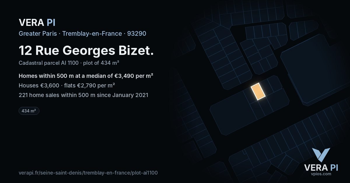 12 Rue Georges Bizet, Tremblay-en-France at night – the plot lit, the parcels around coloured by the prices near them