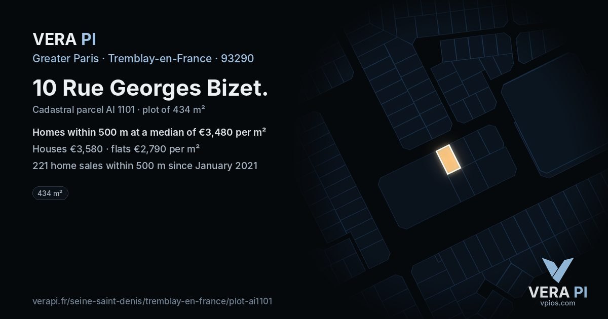 10 Rue Georges Bizet, Tremblay-en-France at night – the plot lit, the parcels around coloured by the prices near them