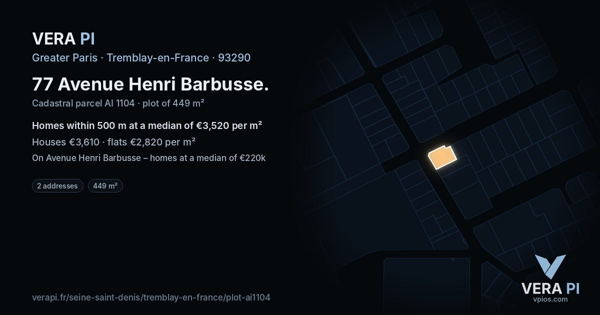 77 Avenue Henri Barbusse, Tremblay-en-France at night – the plot lit, the parcels around coloured by the prices near them