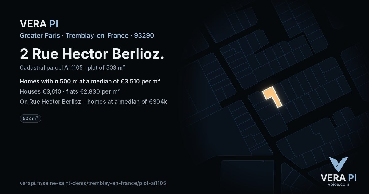2 Rue Hector Berlioz, Tremblay-en-France at night – the plot lit, the parcels around coloured by the prices near them