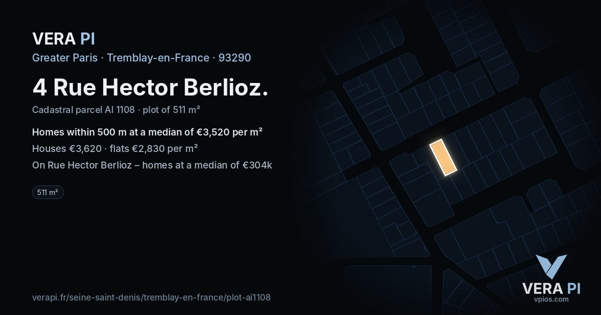 4 Rue Hector Berlioz, Tremblay-en-France at night – the plot lit, the parcels around coloured by the prices near them