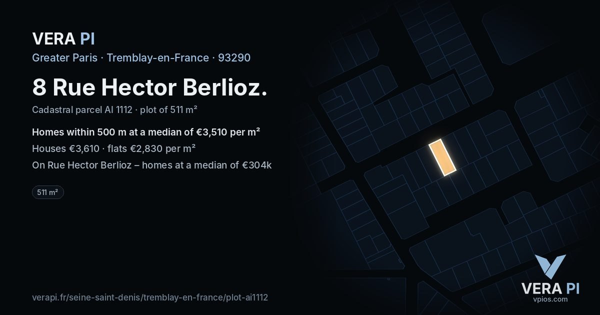 8 Rue Hector Berlioz, Tremblay-en-France at night – the plot lit, the parcels around coloured by the prices near them