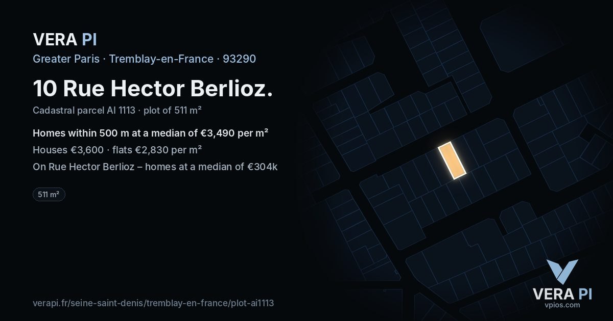 10 Rue Hector Berlioz, Tremblay-en-France at night – the plot lit, the parcels around coloured by the prices near them