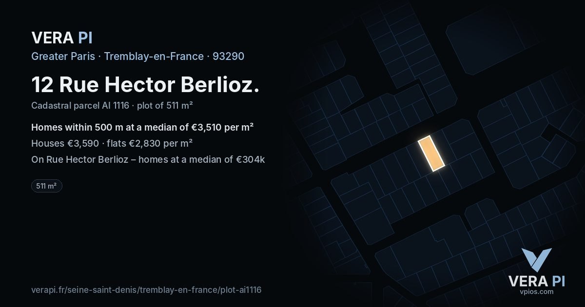 12 Rue Hector Berlioz, Tremblay-en-France at night – the plot lit, the parcels around coloured by the prices near them