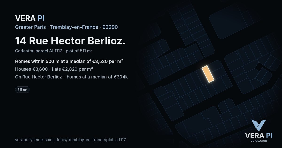 14 Rue Hector Berlioz, Tremblay-en-France at night – the plot lit, the parcels around coloured by the prices near them