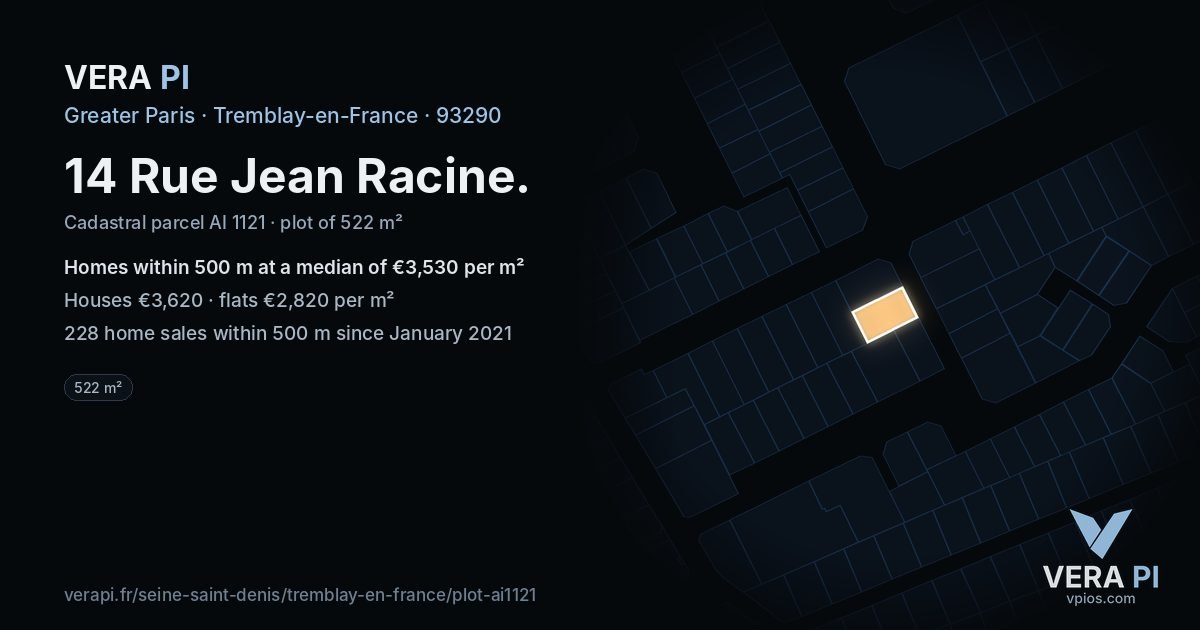 14 Rue Jean Racine, Tremblay-en-France at night – the plot lit, the parcels around coloured by the prices near them