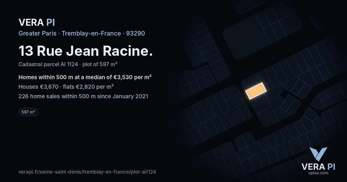 13 Rue Jean Racine, Tremblay-en-France at night – the plot lit, the parcels around coloured by the prices near them