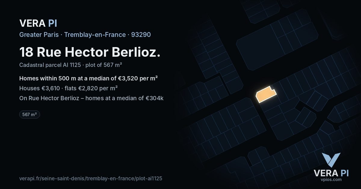 18 Rue Hector Berlioz, Tremblay-en-France at night – the plot lit, the parcels around coloured by the prices near them