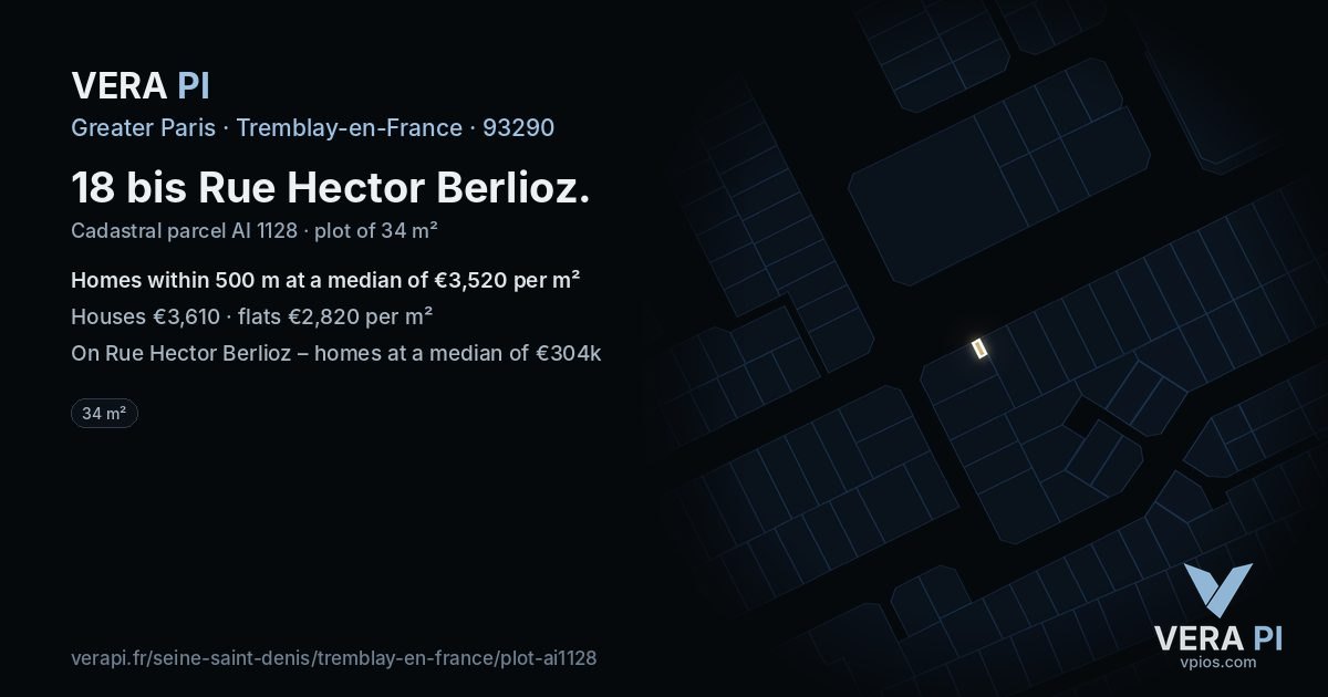 18 bis Rue Hector Berlioz, Tremblay-en-France at night – the plot lit, the parcels around coloured by the prices near them