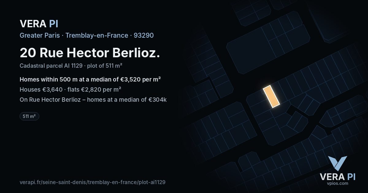 20 Rue Hector Berlioz, Tremblay-en-France at night – the plot lit, the parcels around coloured by the prices near them