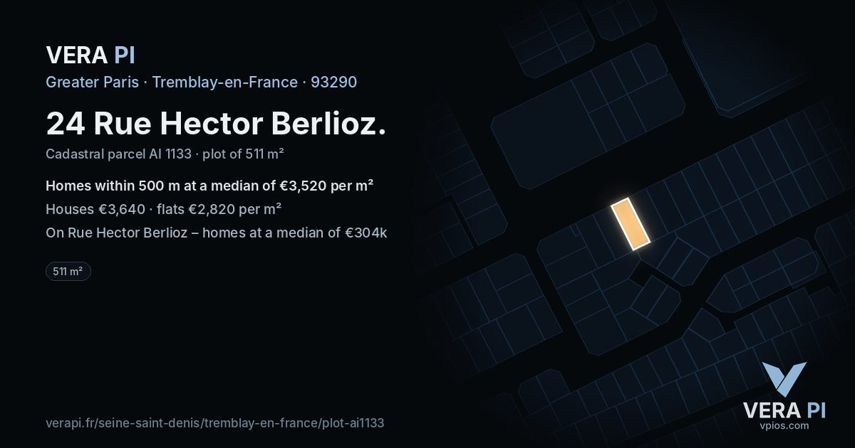 24 Rue Hector Berlioz, Tremblay-en-France at night – the plot lit, the parcels around coloured by the prices near them