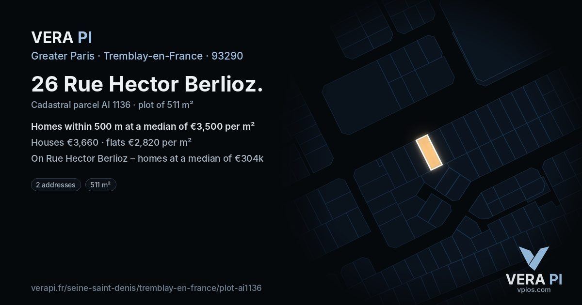26 Rue Hector Berlioz, Tremblay-en-France at night – the plot lit, the parcels around coloured by the prices near them
