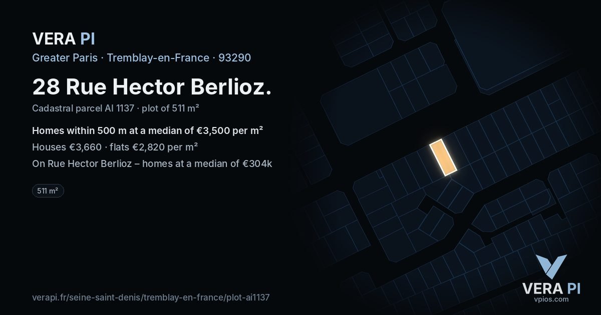 28 Rue Hector Berlioz, Tremblay-en-France at night – the plot lit, the parcels around coloured by the prices near them